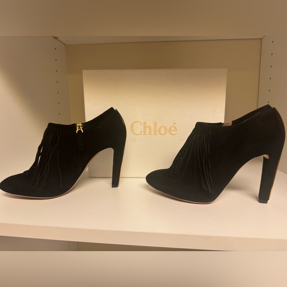 Chloe Heel Fringe Ankle Bootie Boot
Black
37.5